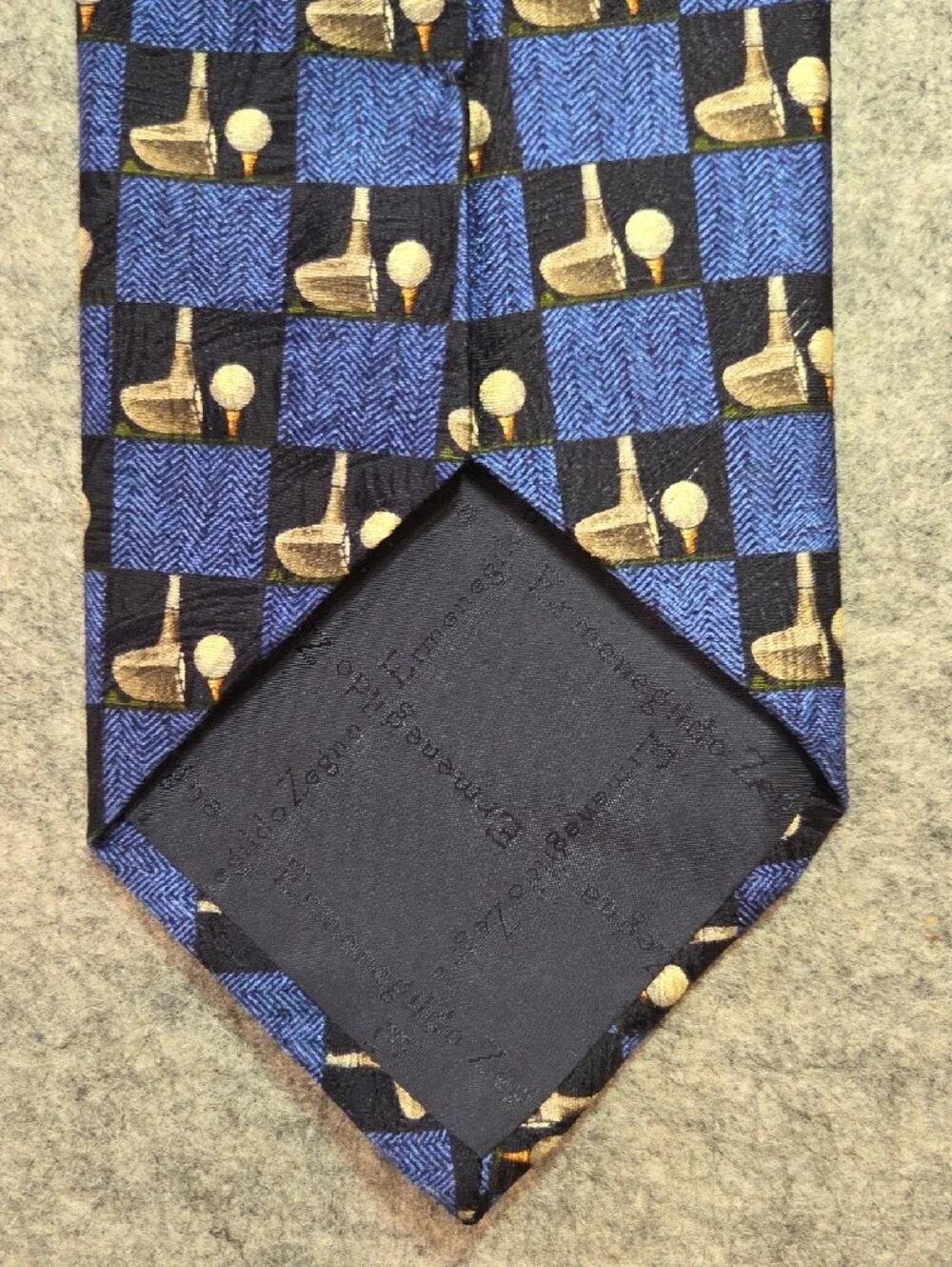 Ermenegildo Zegna Men's Blue and Black Checker Silk Tie with Golf Motif 3.85x59